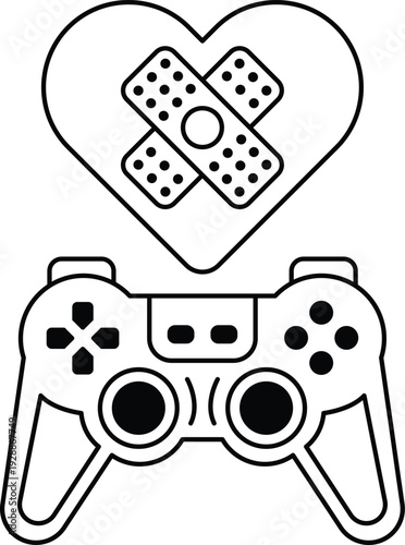 A black and white drawing of a video game controller with a heart