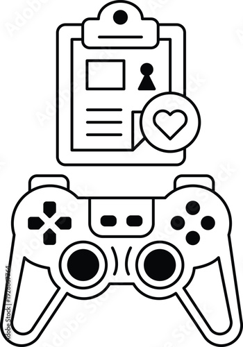 A black and white image of a video game controller with a clipboard next to it