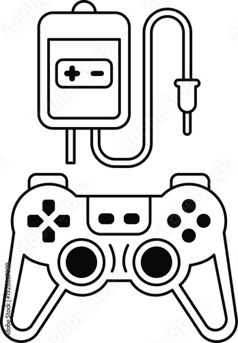 A black and white image of a video game controller with a battery pack