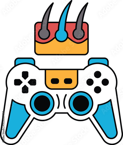 A black and white image of a video game controller with a pair of scissors on to