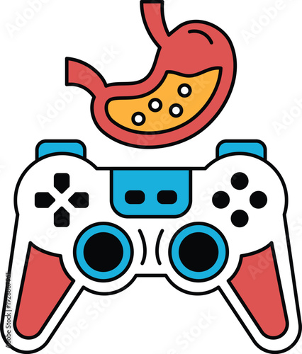 A black and white image of a video game controller with a stomach on top of it