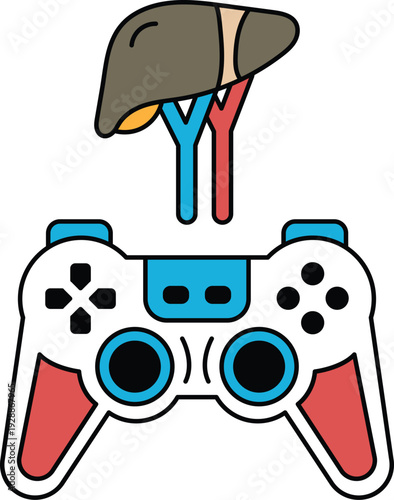 A black and white image of a video game controller with a red