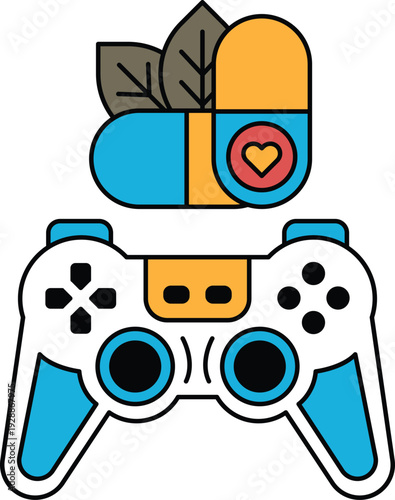A video game controller with a heart on it and a pill on the right side