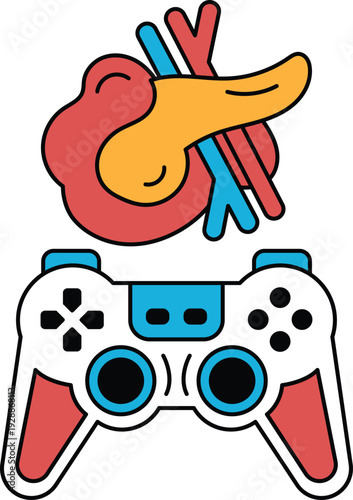 A black and white drawing of a video game controller with a piece of meat