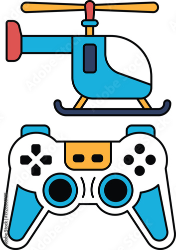A black and white drawing of a helicopter and a video game controller
