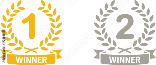Winner laurel wreath icon set, gold and silver trophy for first, second place, award and achievement