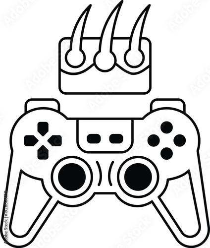 A black and white image of a video game controller with a pair of scissors on to
