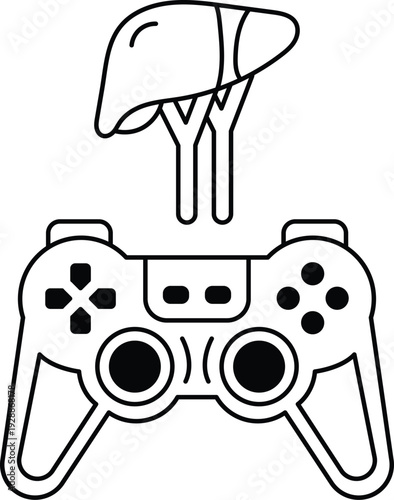 A black and white image of a video game controller with a red
