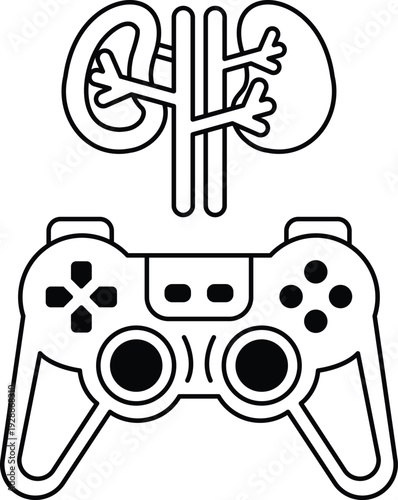 A black and white image of a video game controller with a kidney on the side