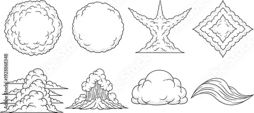 Black and white vector illustration collection of stylized cloud and smoke formations with diverse shapes and textures