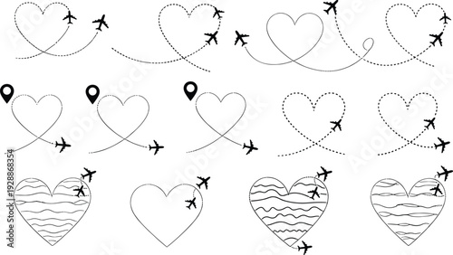 Black and white vector illustration of airplanes with heart icons, travel love connection symbols, location pins, flight path designs