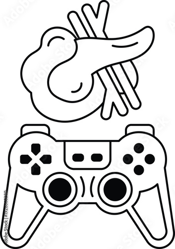 A black and white drawing of a video game controller with a piece of meat