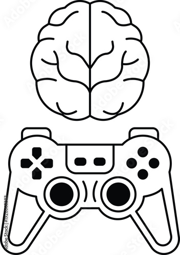 A black and white image of a brain and a video game controller