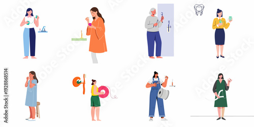 Diverse individuals demonstrating daily oral hygiene routines with dental floss and toothbrushes for optimal dental health and a clean, fresh smile.