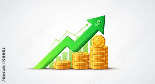 Green arrow graph showing financial growth with stacks of gold coins.