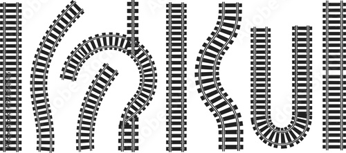 Black and white vector illustration of model train track segments, straight curved S shaped U shaped railway layout design elements