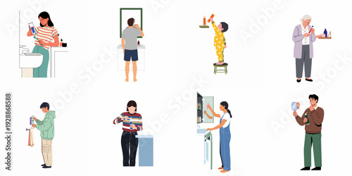 Daily personal hygiene routines across generations, featuring individuals of various ages engaging in oral care and bathroom self-care activities.