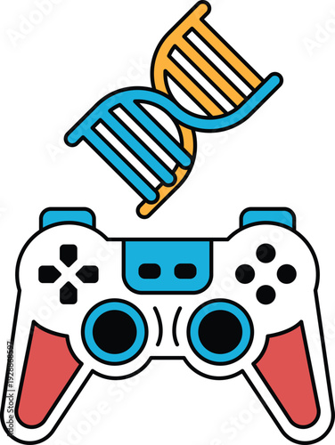 A black and white image of a video game controller with DNA on top of it