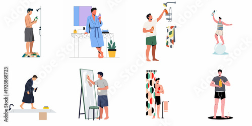 Men's personal care routine illustrations: showering, grooming, and using various bath products for daily hygiene and self-care.
