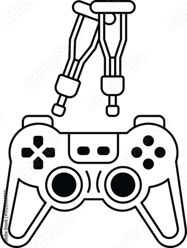 A black and white image of a video game controller with two crutches on top of i