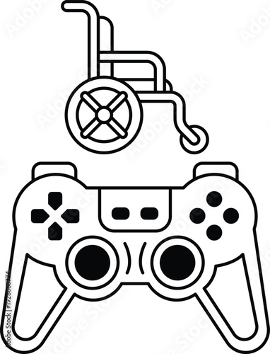 A video game controller with a wheelchair in the background