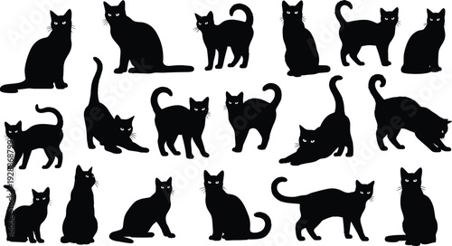 Black cat silhouettes vector illustration, diverse feline poses artwork, decorative animal icons, playful pet design elements, artistic nature inspired graphics, creative feline motif collection