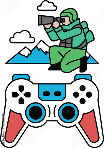 A man is crouching down and looking through a camera lens