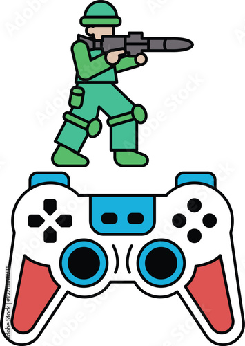 A soldier is standing on top of a video game controller