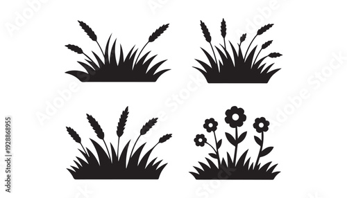 black color grass flower set of silhouette vector illustration, solid white background