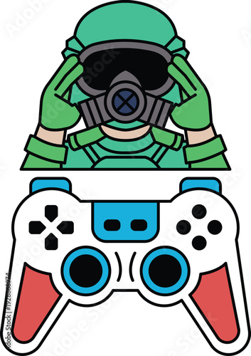 A man in a gas mask is holding a video game controller