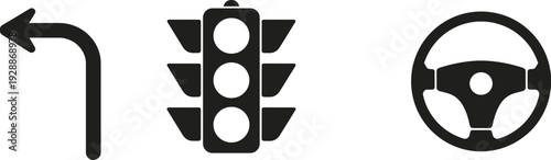 Traffic light icon, steering wheel and left turn arrow for driving, road safety and transportation management