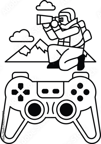 A man is crouching down and looking through a camera lens