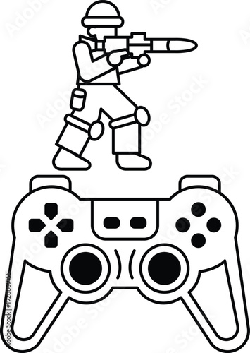 A soldier is standing on top of a video game controller