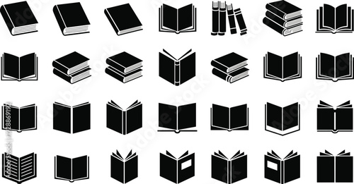 Book icons collection, open and closed illustrations, stacked volumes, reading graphics, education vector artwork, literature design elements, library symbols