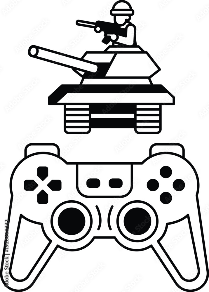 Fototapeta premium A black and white image of a soldier holding a gun and a tank