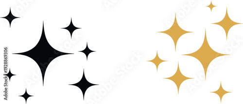 Black and gold sparkling stars icon set, magic twinkle elements for celebration, night sky and decoration