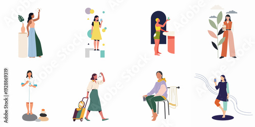 Modern women's diverse self-care routines and wellness practices: exploring beauty, hygiene, health, and consumer choices in everyday life through vibrant illustrations.