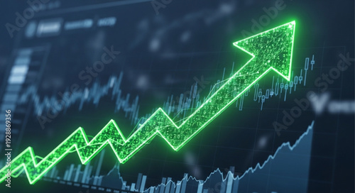 Green arrow graph showing upward trend and stock market data.