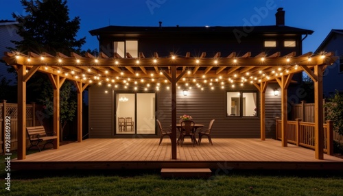 Outdoor wooden patio deck with string lights glowing on a modern house at night