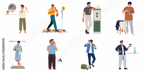 Modern men's grooming and hair care routines, featuring various male characters applying wax and styling their hair for daily self-care.