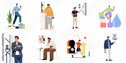 Modern Men's Lifestyle & Grooming: Diverse Self-Care Routines, Hair Styling, Fitness, and Personal Well-being.