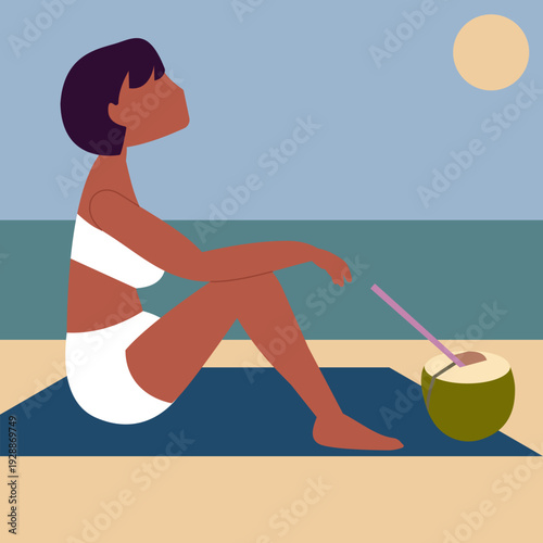 Young woman in white bikini swimsuit relaxing on the beach, enjoying young coconut water