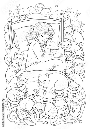 A cat lover sleeps with her pets in a coloring book.