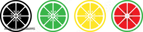 Vibrant citrus fruit slices in black, green, yellow, and red