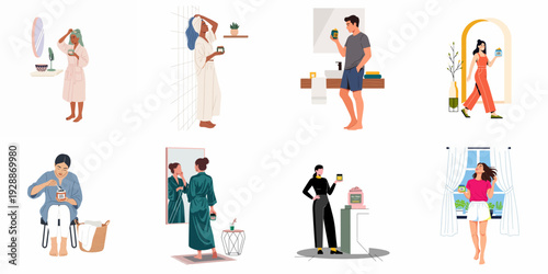 Diverse people performing hair care routines using hair masks, illustrating self-care, beauty rituals, and personal wellness at home.