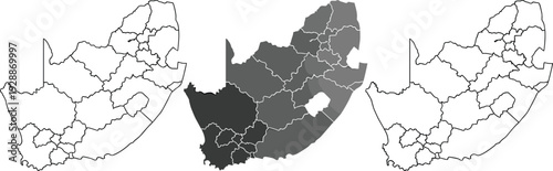South Africa Map Silhouette Collection Featuring Detailed Provincial Borders in Outline and Solid Grey Infographic Style for Educational and Business Presentation.