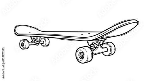 A stylized line drawing illustration of a modern skateboard, showcasing its deck, trucks, and wheels in a clean, minimalist design