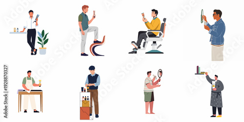 Diverse men demonstrating personal grooming and skincare routines with various beauty products in a modern, flat illustration style on a white background.
