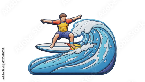 Dynamic illustration of a male surfer skillfully riding a big blue ocean wave, capturing the thrill of water sports and summer adventure