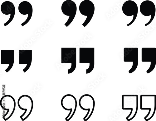 Quotation marks icon set, double quote sign for message, comment, speech bubble and talk, black vector symbols